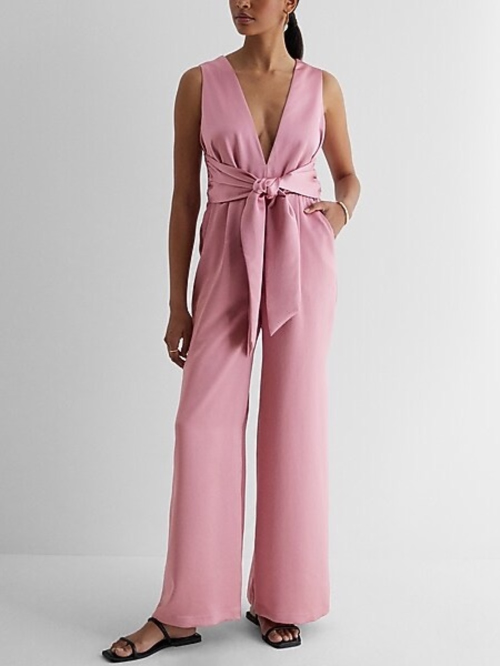 Express Satin V-Neck Tie Waist Wide Leg Jumpsuit. Size Medium.